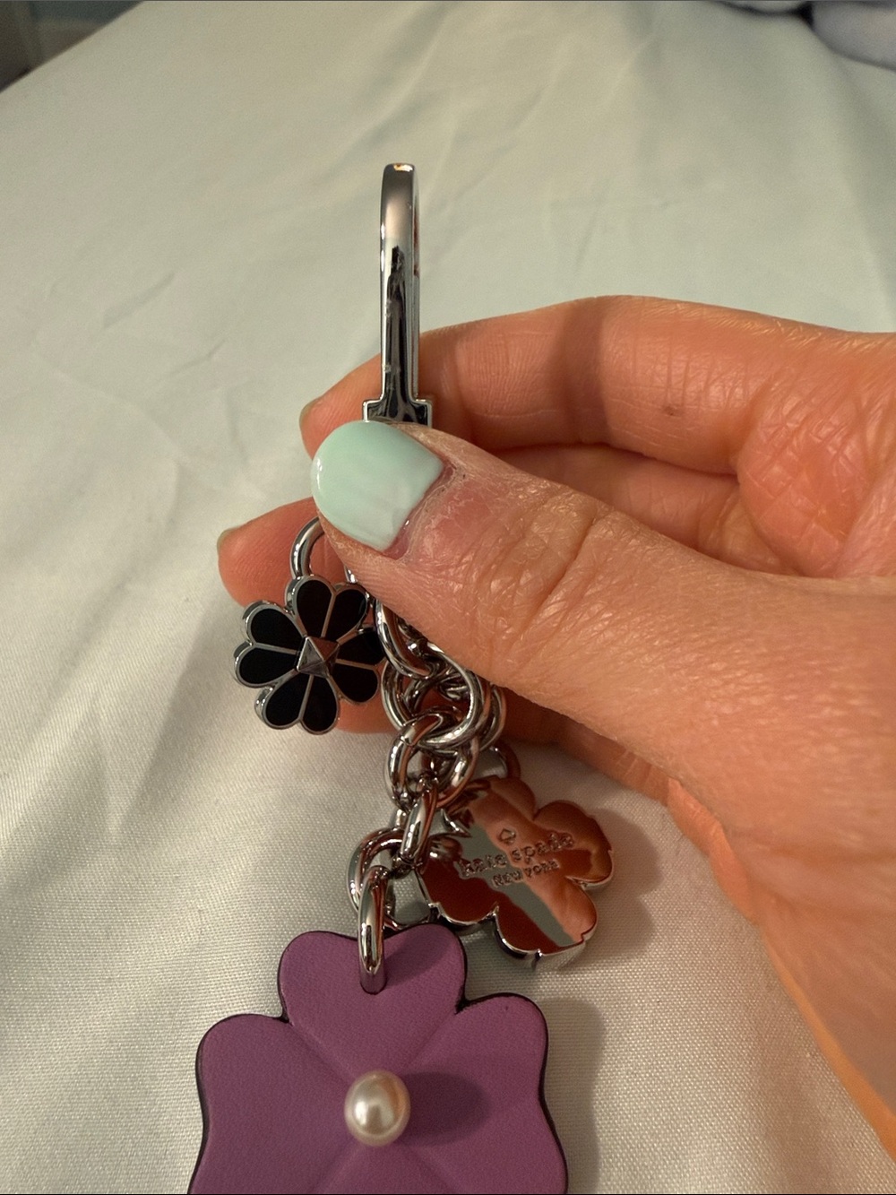 Kate Spade Flower Dangle Bag Charm Keychain Wisteria Purple Silver - Picture 6 of 8